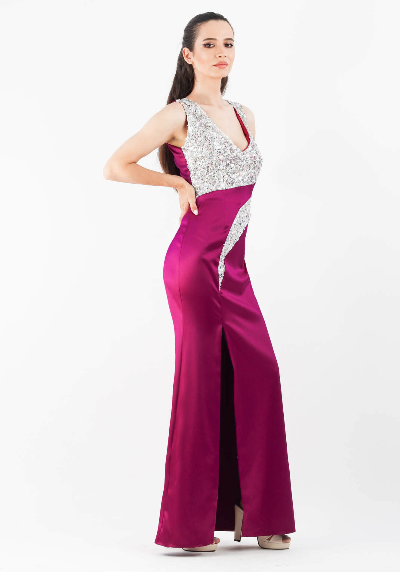 Rochie20lunga20cu20paiete20mov202 Rochie conica - imagine 1