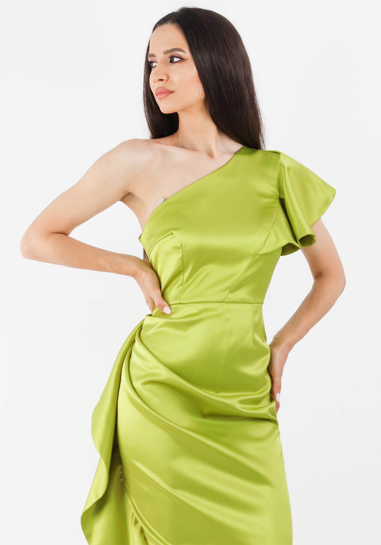 Rochie20pe20un20umar20lime20satin201 Rochie conica - imagine 1