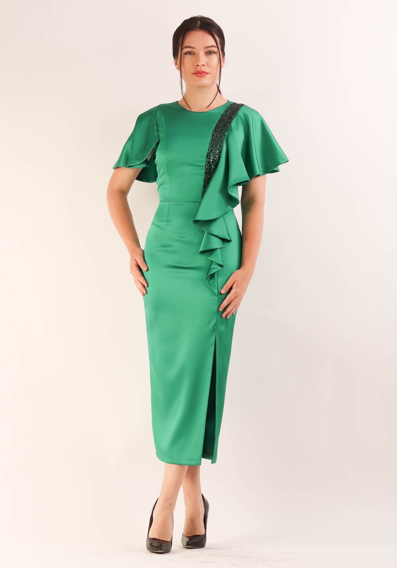 Rochie20satinata20verde20cu20volan202-1 Rochie conica - imagine 1