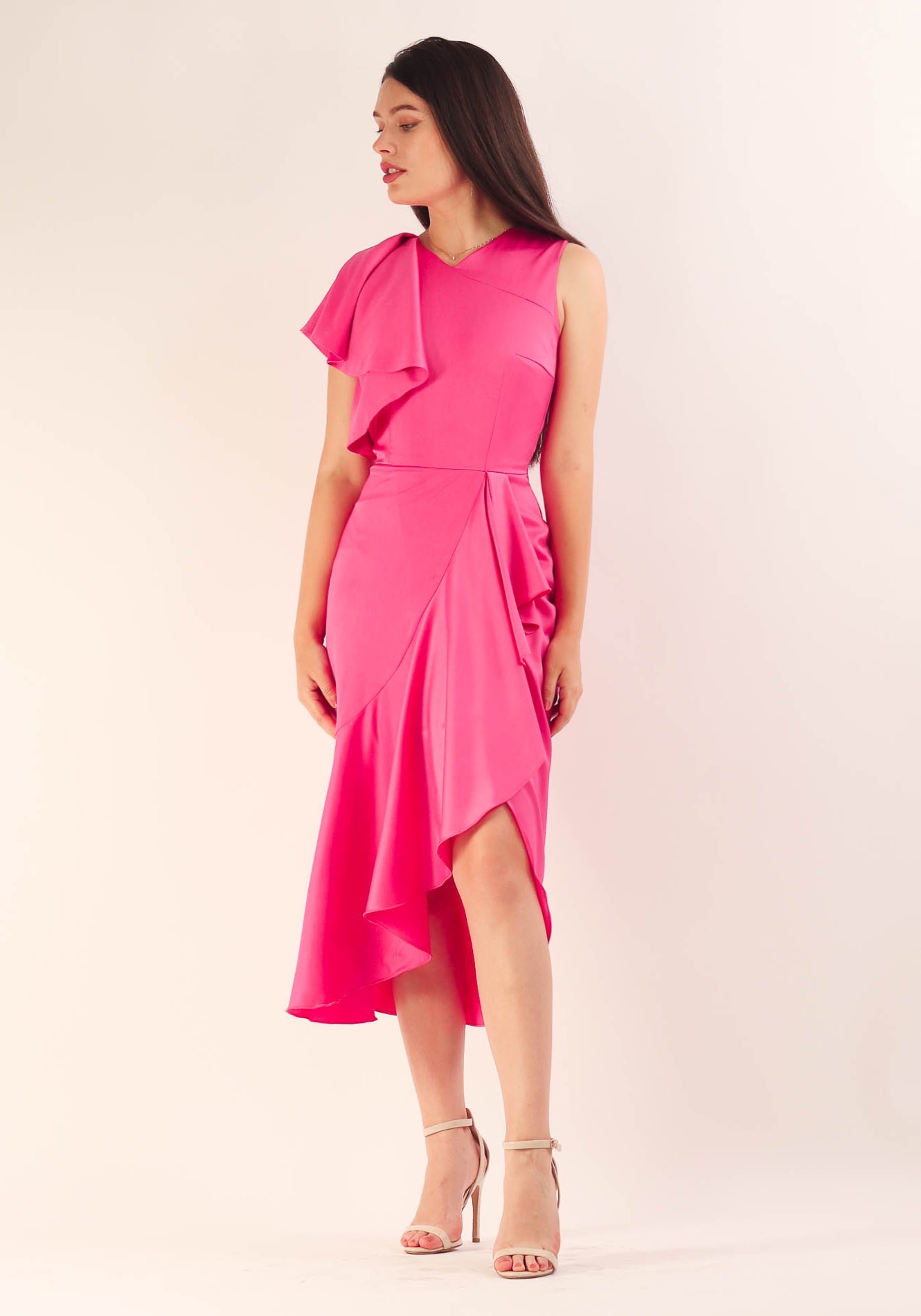 Rochie20verde20asimetrica20fucsia20cu20volane201 Rochie conica - imagine 1