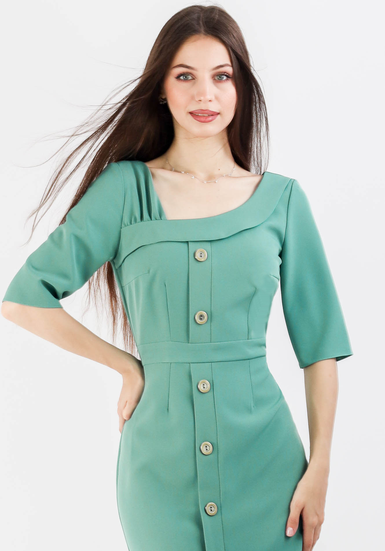 Rochie conica turcoaz cu nasturi 2 Rochie conica - imagine 1