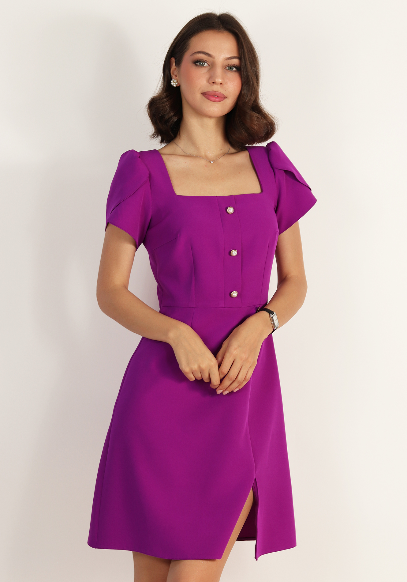 Rochie-evazata-cu-nasturi-decorativi-2 Rochie evazata - imagine 1