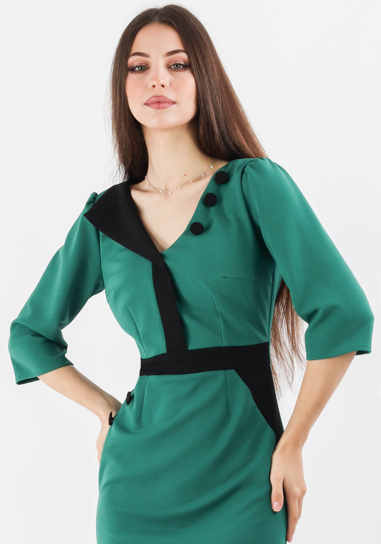 Rochie verde conica cu nasturi negri 2 Rochie conica - imagine 1