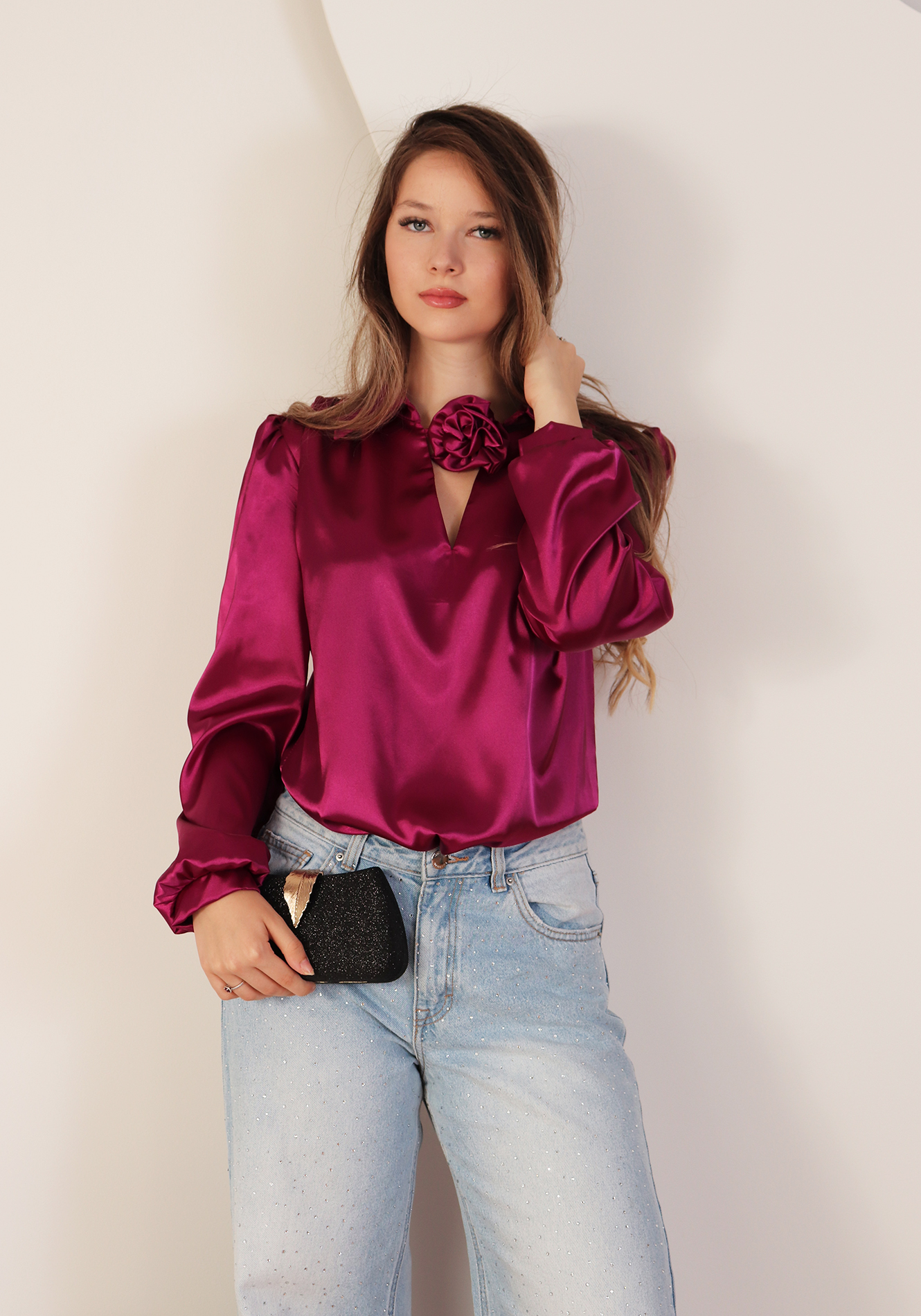 Bluza-eleganta-cu-trandafir-bl183-orhidee-1 Bluza eleganta cu trandafir decorativ - imagine 1
